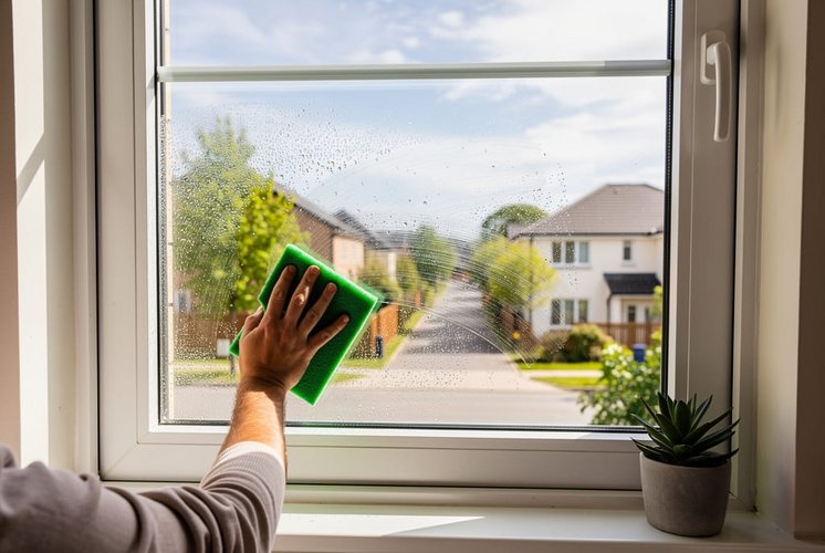 Person wischt nasse Fensterscheibe mit einem Tuch ab.