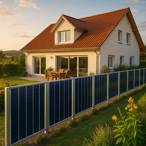 Haus mit PV Zaun Ein Einfamilienhaus mit Garten, das von einem PV Zaun umgeben ist.