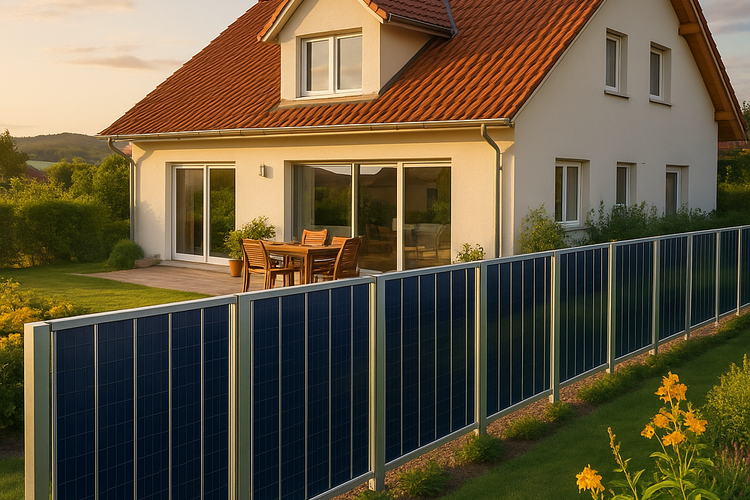 Haus mit PV Zaun Ein Einfamilienhaus mit Garten, das von einem PV Zaun umgeben ist.