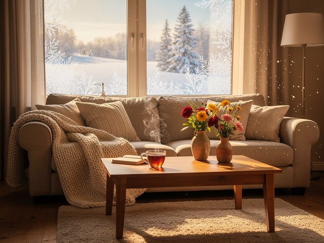 Wohnzimmer mit Fenstern mit Isolierfolie, draußen liegt Schnee.