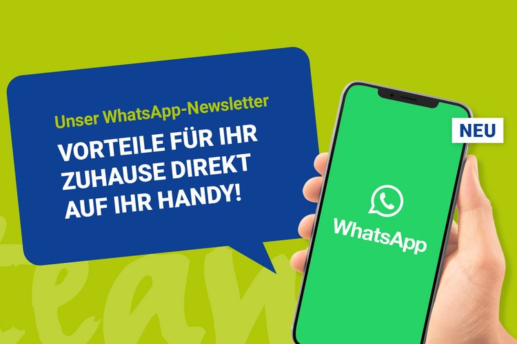 Smartphone mit WhatsApp-Logo und Hinweis auf den WhatsApp Newsletter von Team Hörmann mit Tipps zu Heizung und Bad für Hausbesitzer in Friedrichshafen und der Bodensee Region.