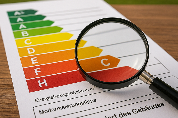 Eine Lupe auf Energieausweis mit mehrfarbiger Farbskala, im Hintergrund ein Haus