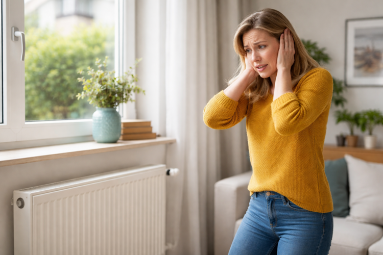 Eine junge Frau steht neben einem Heizkörper und hält sich mit beiden Händen die Ohren zu.