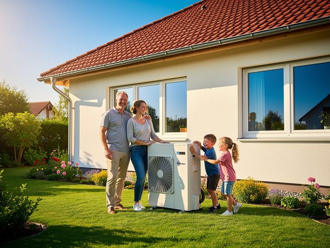 Eine Familie steht neben einer Wärmepumpe, im Hintergrund ein Haus.