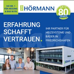 Hörmann feiert 80 Jahre Erfahrung und Vertrauen Werbebild von Hörmann mit dem Slogan Erfahrung schafft Vertrauen, zeigt Mitarbeitende vor dem Firmengebäude und Hinweis auf 80 Jahre Jubiläum.