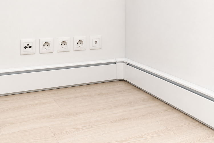 Sockelleistenheizung Sockelleistenheizung entlang einer weißen Wand mit hellem Holzboden.