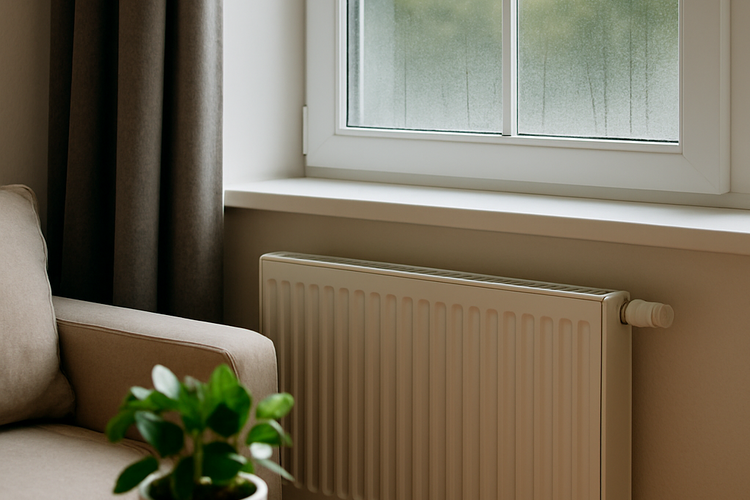 Gemütliche Wohnzimmerecke mit weißem Heizkörper unter einem Fenster, daneben ein Sofa und ein Holztisch mit Zimmerpflanze.