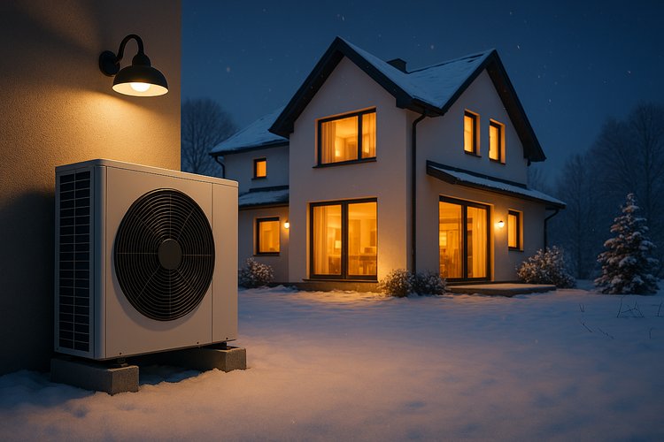 Nachtabsenkung Haus im Schnee mit einer Wärmepumpe.