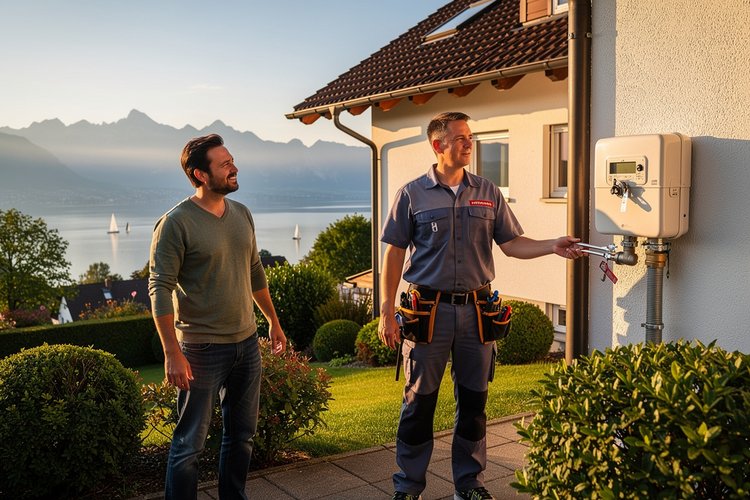 Gasheizung tauschen Ein Techniker klemmt einen Gasanschluss an einem Haus ab, im Hintergrund der Bodensee.