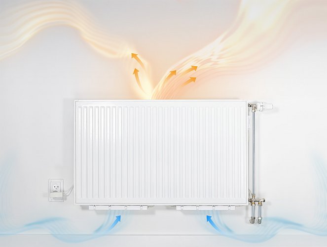 Grafische Darstellung der Wirkungsweise von Heizkörperventilatoren an einem Heizkörper